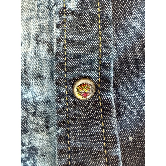 Ed Hardy Mens XXXL Acid Wash Denim Sleeveless Shirt Dead or Alive Skull Blue - Picture 7 of 11